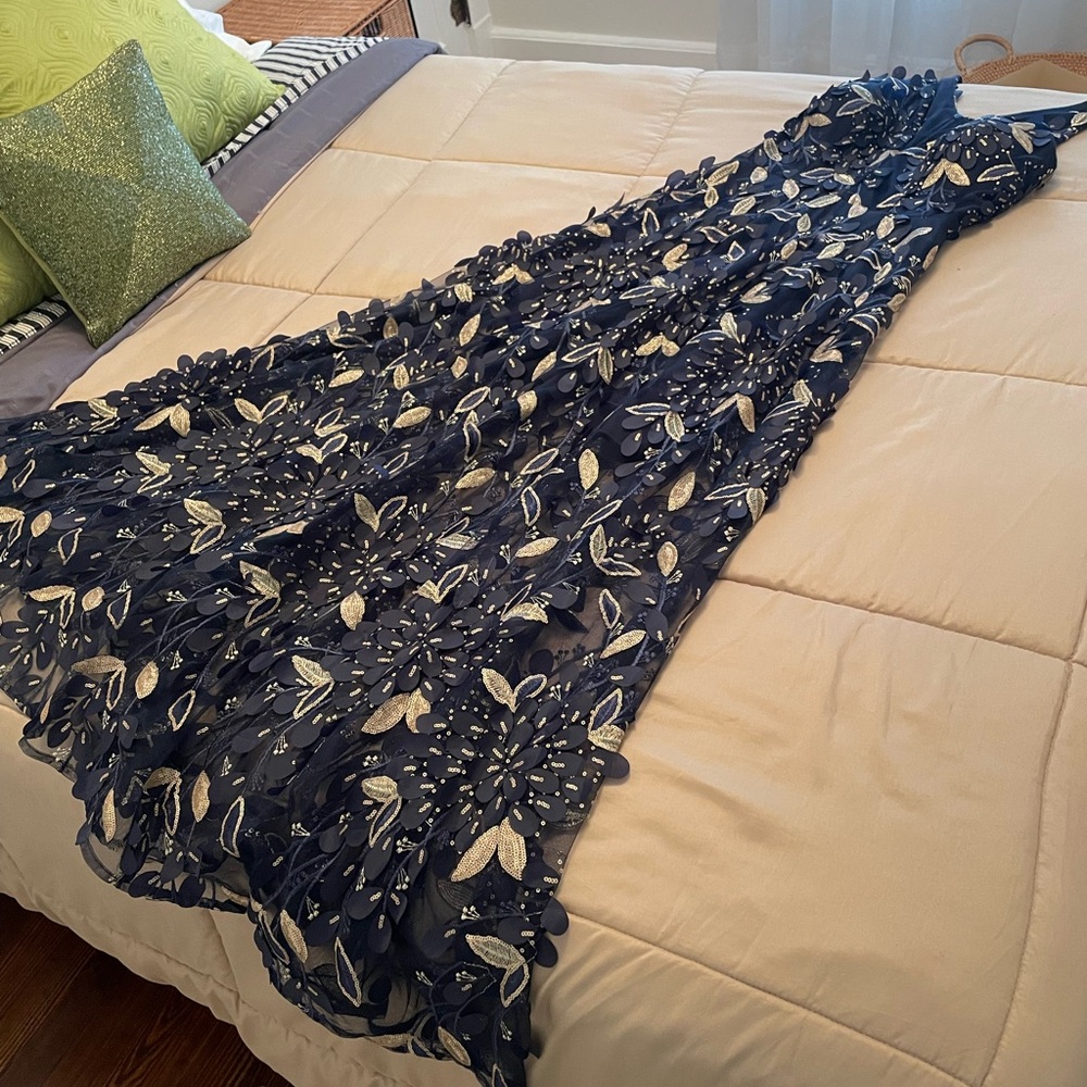 Elegant Navy Gown with Gold Embroidery